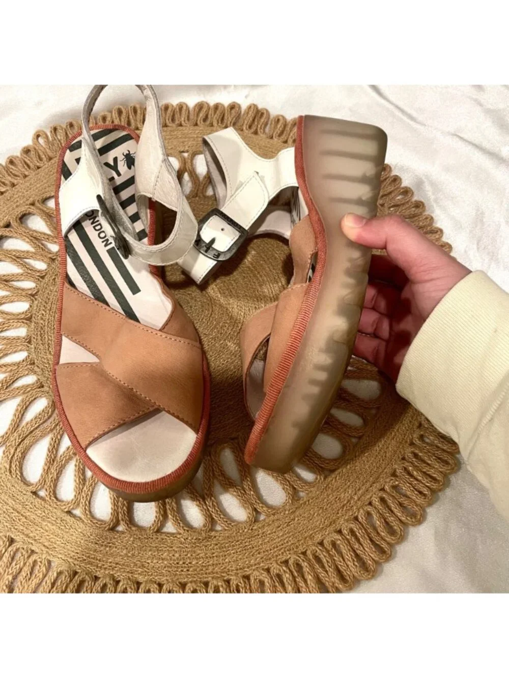 Fly London Bace Platform Wedge Sandal Pink White Leather Size EU 38 Artsy Chic